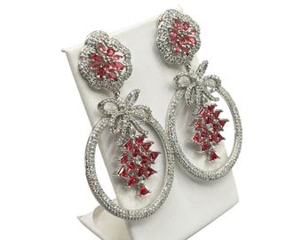 Silver Statement Earrings Pink Clear Crystals Oversize Dangle Elegant Bow Accent