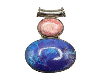 Vintage Unique 925 Sterling Silver Pendant with Large Blue & Pink Gemstones