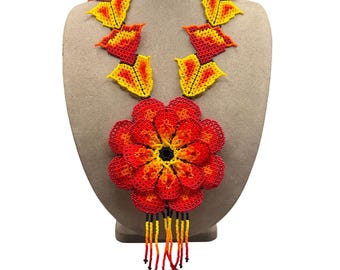 Beaded Floral Ombre Necklace with Red & Orange Seed Beads Flower Statement