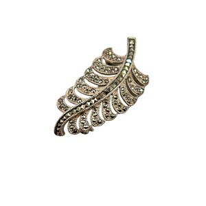 Vintage Sterling Silver & Marcasite Leaf Brooch Pin Classic Jewelry
