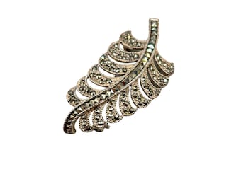 Vintage Sterling Silver & Marcasite Leaf Brooch Pin Classic Jewelry