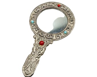 Vintage Silver Tone Jeweled Hand Mirror with Ornate Handle & Red Blue Accents