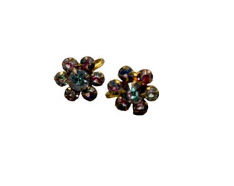 Vintage IRIS Rainbow Watermelon Rhinestones Earrings Screw Back Unusual Stones