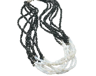 Vintage Multi Strand Multi Beads Black White Opalescent Glass Bead Necklace 16"