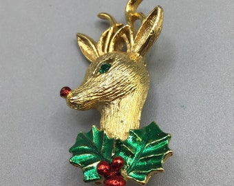 Gerry's Christmas Brooch Reindeer Rudolph with Holly Leaf Gold Tone Holiday Pin