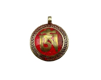 Tibetan Turquoise Mantra Om Pendant Red Stone Inlay Vintage Prayer Amulet Pendant
