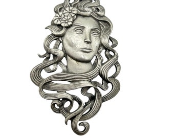 Vintage Signed JJ Pewter Pin Lady Brooch Woman Face Art Nouveau Inspired Design
