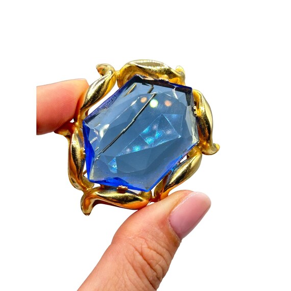Vintage Blue Vitrail Stone Pin Brooch with Gold To