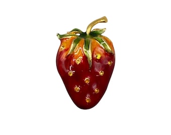 Vintage Red Enamel Strawberry Brooch With Gold-Tone Trim And Rhinestone Accents