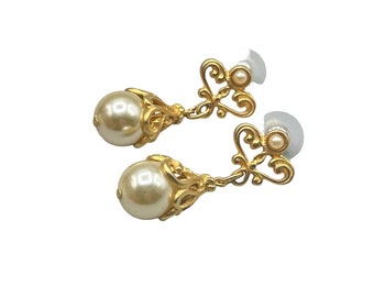 Vintage Pearls Earrings Costume Jewelry Pierced Dangles Matte Gold Tone Scrolls