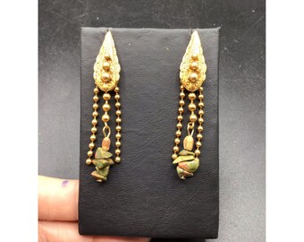 Vintage Gold Tone Earrings Ball Chain & Unakite Stone Pierced Dangle Earrings