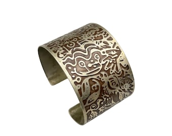 Ethnic Metal Cuff Bracelet Rustic Tribal Pattern Statement Wide Bracelet