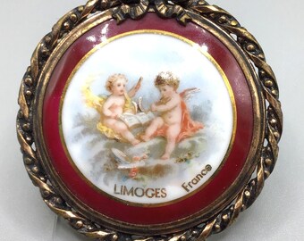 Limoges France Pocket Mirror Hand Painted Angels Playing Music Gold Tone Frame