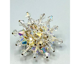 Vintage Aurora Borealis Crystals Brooch Spray Design Beaded Clear Dimensional