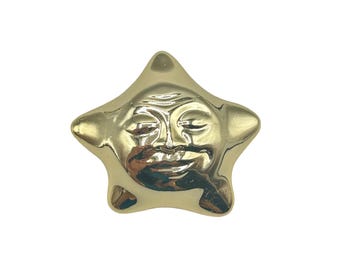 Vintage Signed AJC Gold Tone Smiling Sun Brooch Pin Whimsical Celestial Jewelry