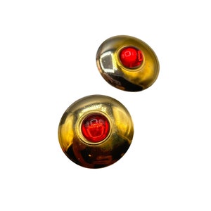 Vintage Gold Tone Metal Earrings Red Cabochons Studs Round 80s 90s Jewelry
