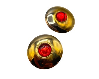 Vintage Gold Tone Metal Earrings Red Cabochons Studs Round 80s 90s Jewelry