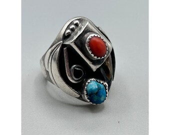 Native American Turquoise & Coral Ring Size 10 Solid Sterling Silver Signed LH