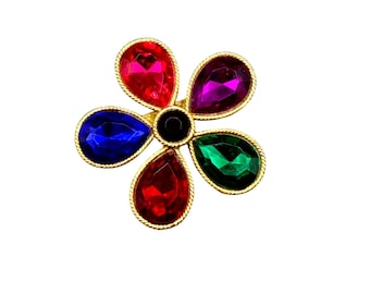 Vintage Flower Brooch Mogul Gold Color Red Blue Green Purple Glass Stones