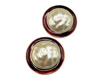 Vintage Clip On Earrings Faux Pearl & Red Enamel 1.5" Round Button Clipons