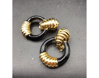 Classy Clip On Door Knockers Earrings Gold Tone & Black Enamel Vintage Jewelry