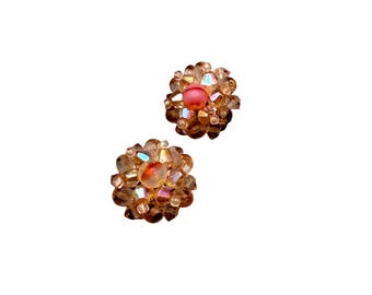 Vintage Germany Clip On Earrings Pink Faceted Beaded Clusters Clips Aurora Borealis