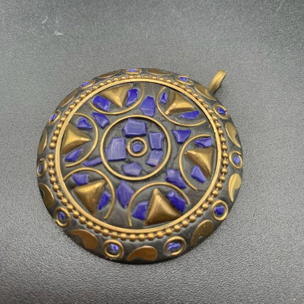 Ethnic Brass Pendant Round Medallion Brass with Scattered Blue Stones Inlay