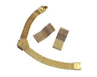 Gold Mesh Bracelet and Earrings Set Shiny Gold Tone Knotted Wide Bracelet Pierced Earrings