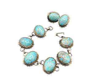 Robins Egg Glass Bracelet and Clip On Earrings Set Vintage Costume Jewelry