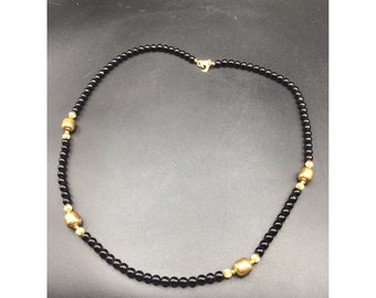 Pierre Cardin Beaded Necklace Fashion Black Glass Beads Gold Tone Spacer Accents