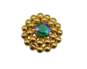 Domed Rhinestone Pin Brooch Gold Tone Ball  Design Round Pin And Pendant