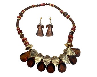 Vintage Lucite Plastic Necklace & Earrings Set Brown Golden Leaf Pierced Dangles