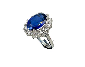 Sterling Silver Cocktail Ring Size 8.5 With Blue Glass Stone Clear Halo Statement