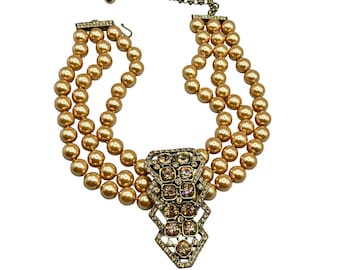 Heidi Daus Champagne Pearls Triple Strand Necklace Large Crystals Pave Pendant