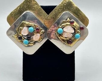 Vintage Square Earrings Israel Numbered Brutalist Mix Metals Semi Precious Stone