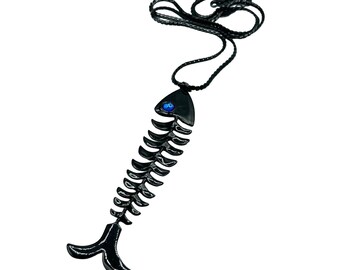 Punk Fun Fish Bone Necklace Black Enamel with Blue Eye Reversible Clear Eye