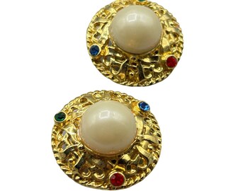 Pearls & Rhinestones Clip Earrings Gold Tone Round Domed Buttons Red Green Blue