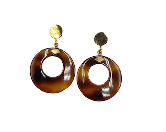 Vintage 80s Clip On Dangle Earrings Gold Tone Metal Brown Tortoiseshell Design