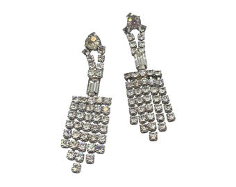 Signed LISA Rhinestones Earrings Vintage Long Dangles Pierced Drops Prong Set Stones