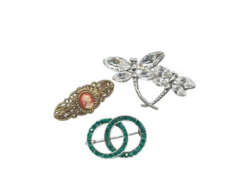 Vintage Pins Brooches Collection Of 3 Small Cameo Green Rhinestones Dragonfly