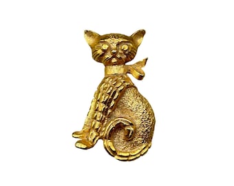 Egyptian Inspired Cat Kitty Pin Brooch Gold Tone Textured Metal Animal Figural