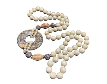 Stone Necklace Beaded Genuine Semi-Precious Gemstone Leopard Skin Hand Knotted