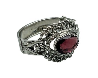 Vintage Hinged Bangle Bracelet Whiting & Davis Style Purple Glass Silver Tone
