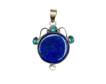 Lapis Lazuli Sterling Silver Pendant with Blue Topaz Glass Stones Length