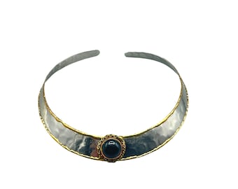 Mixed Metals Brutalist Choker Collar Necklace With Black Stone