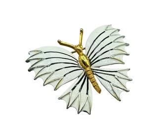 White Enamel Butterfly Pin Brooch Vintage Gold Tone Classic Costume Jewelry