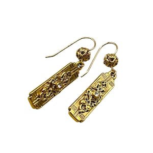 Vintage 1928 Brand Gold Tone Ornate Dangle Earrings With Intricate Design And Crystal Accents