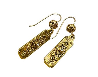 Vintage 1928 Brand Gold Tone Ornate Dangle Earrings With Intricate Design And Crystal Accents