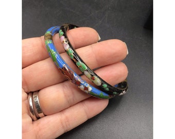 Vintage Hinged Bangles Pair Cloisonne Enamel Early Pieces Set of 2 Blue & Black