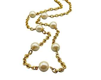 Vintage Gold Tone Chain Station Necklace with Faux Pearls Quality Chain